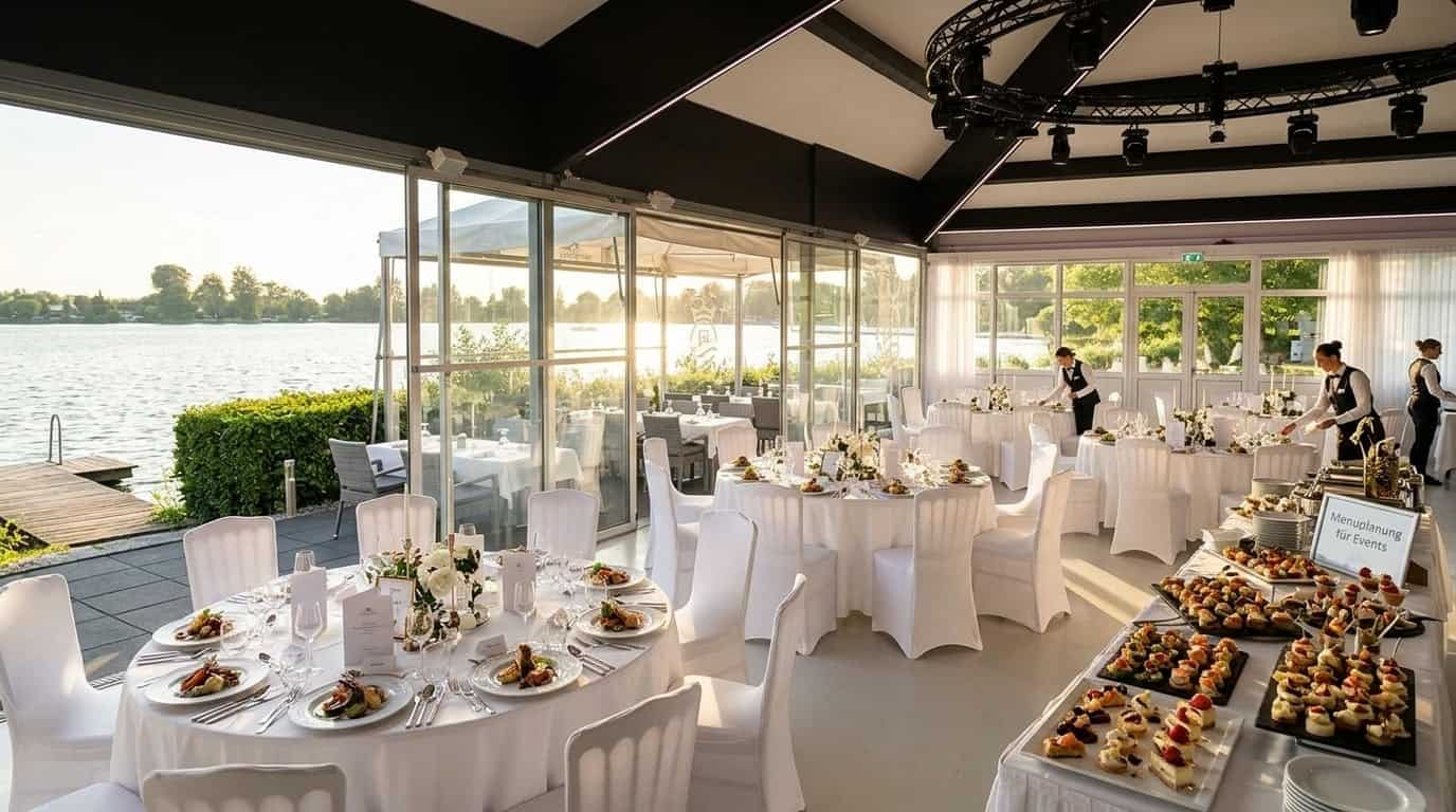 Festlich gedeckter Banketttisch bei Royal am See mit Blick auf den Friedberger Baggersee