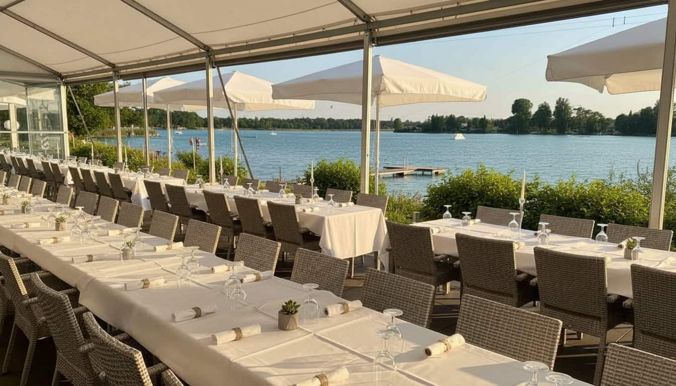 Hochzeitslocation am See mit Panoramablick auf den Friedberger Baggersee und eleganter Seeterrasse