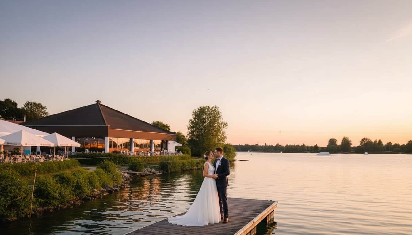 Brautpaar bei Sonnenuntergang am Friedberger Baggersee mit romantischer Lichtstimmung