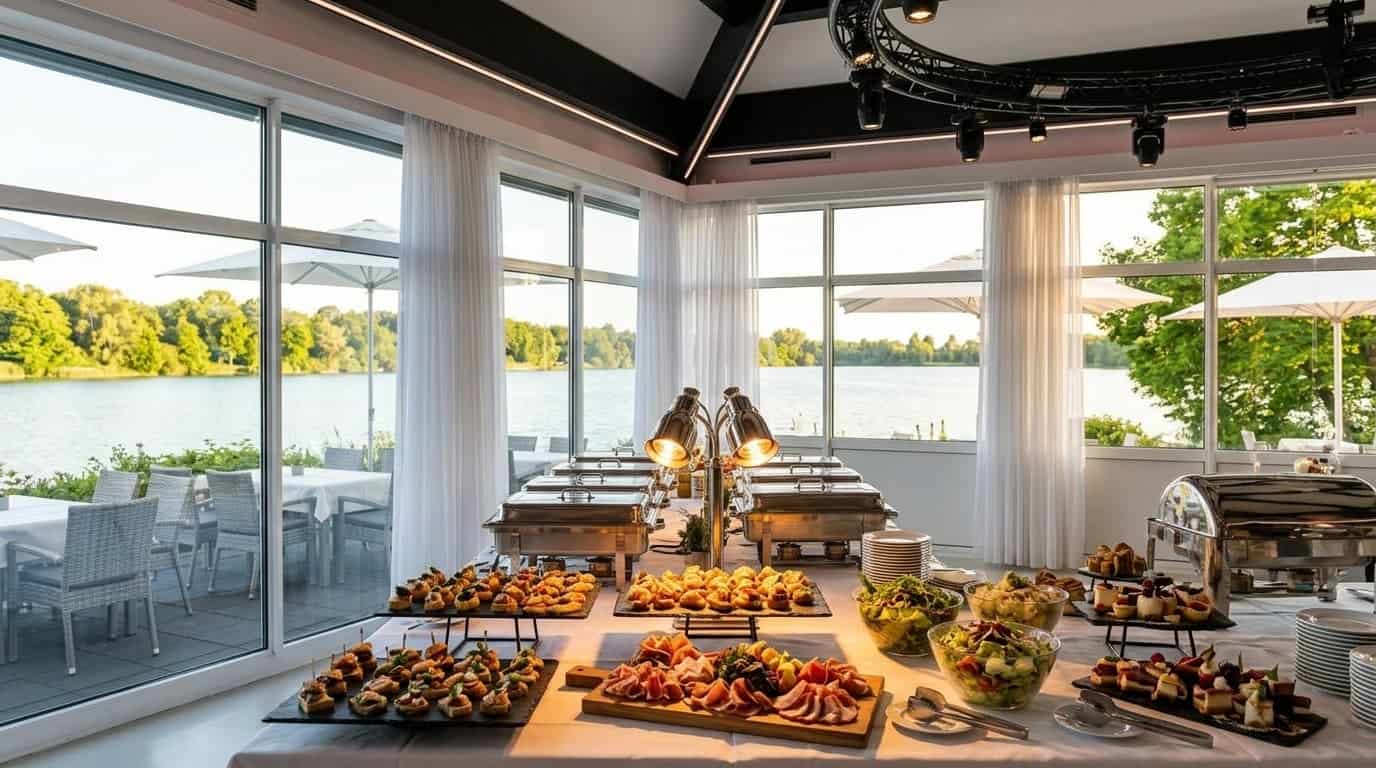 Elegantes Buffet bei einer Veranstaltung am See mit kunstvoll arrangierten Speisen