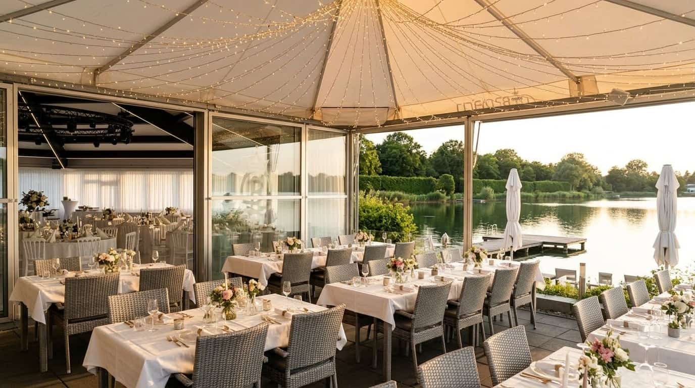 Elegante Seeterrasse bei Sonnenuntergang mit Lichterketten und festlicher Tischdekoration am Wasser