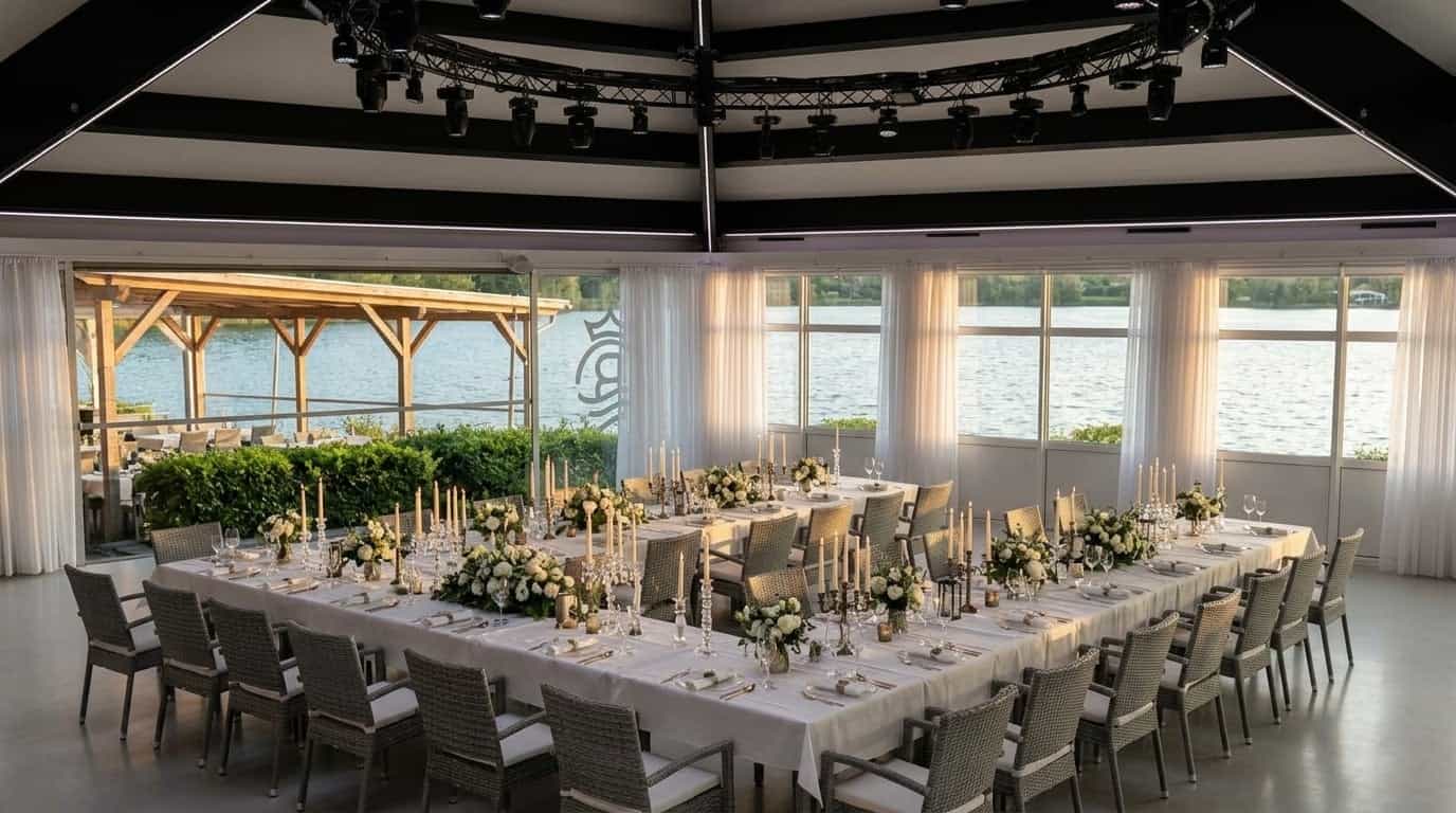 Lange Banketttafel elegant dekoriert mit Kerzen und Blumen im Eventsaal mit Seeblick