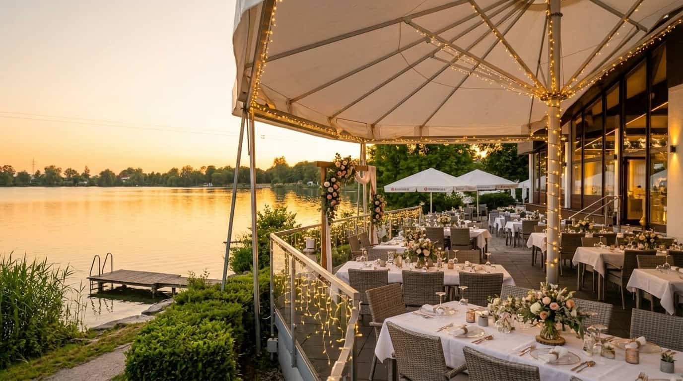 Goldenes Abendlicht spiegelt sich im ruhigen See mit dekoriertem Empfangsbereich