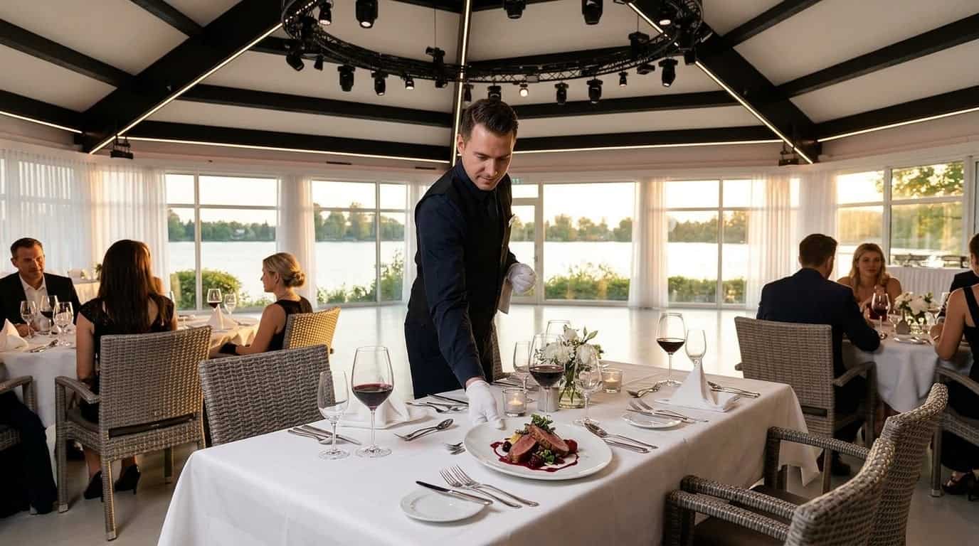 Professioneller Service eines Gourmet-Gerichts an einem elegant gedeckten Tisch mit Seeblick