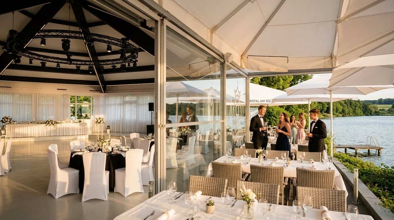 Modernes Eventgebäude mit großen Glasfenstern, das den See im warmen Abendlicht spiegelt