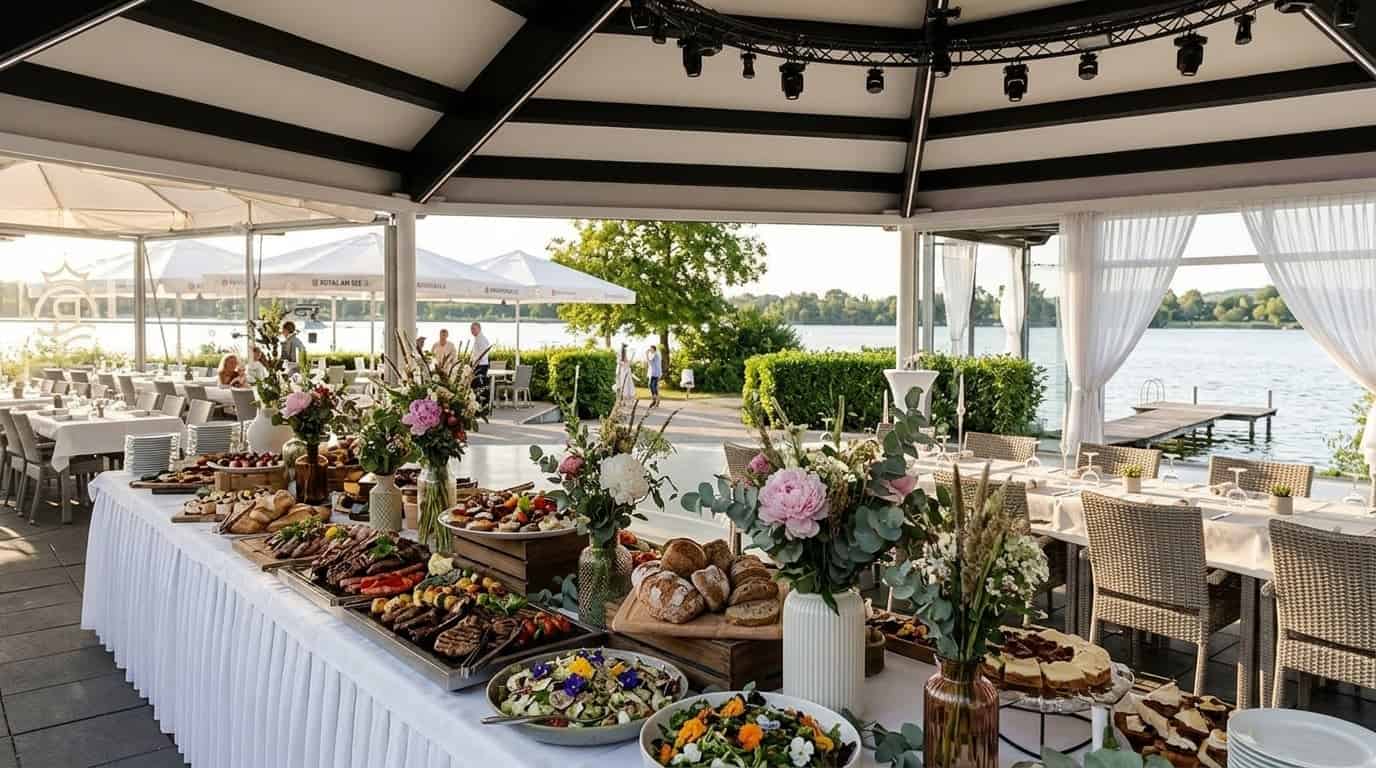 Schön arrangiertes BBQ-Buffet auf der Seeterrasse mit Sommerblumen