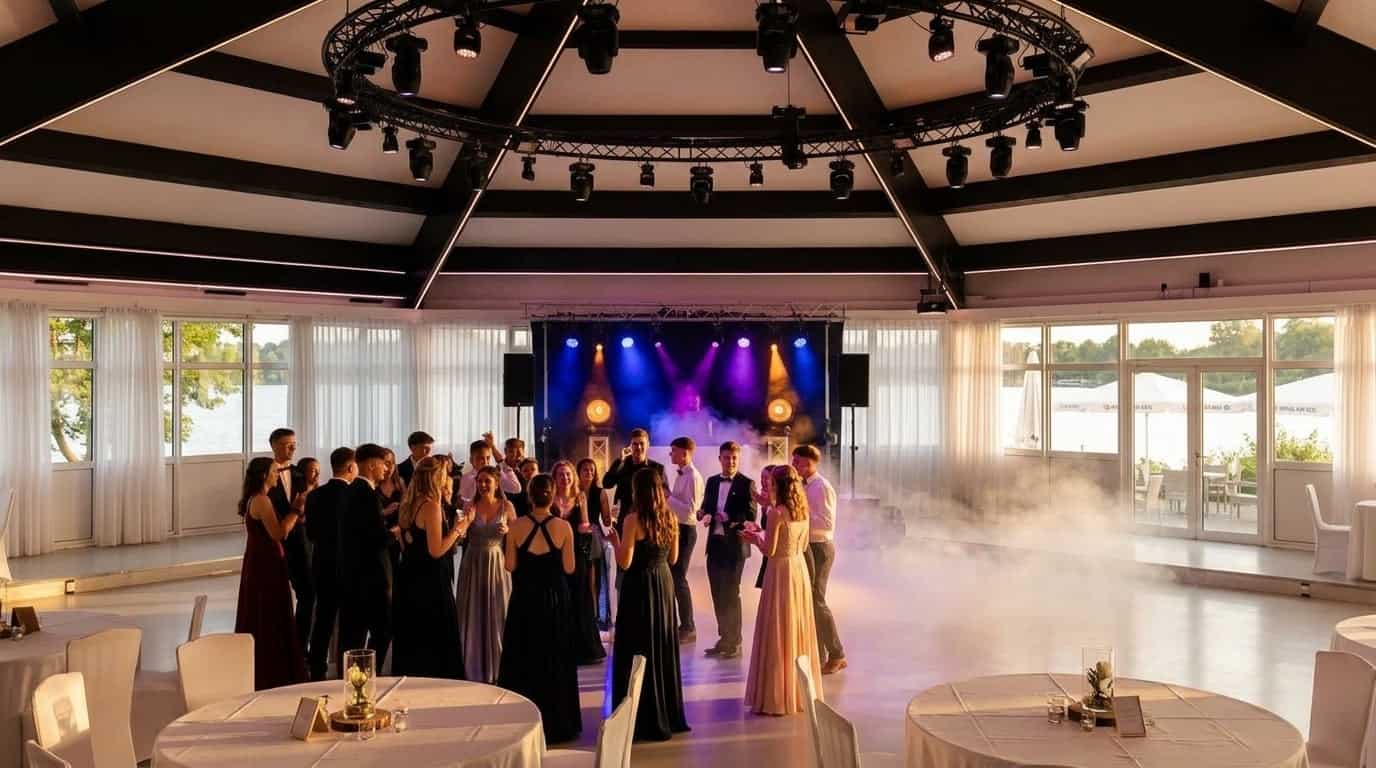 Professionelle Bühne mit Lichteffekten und Nebelmaschine im Eventsaal