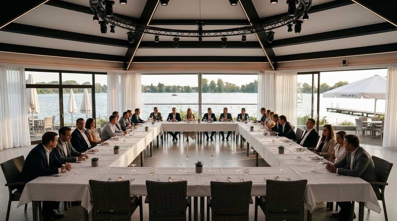 Professionelles Firmendinner-Setup in U-Form mit Seeblick