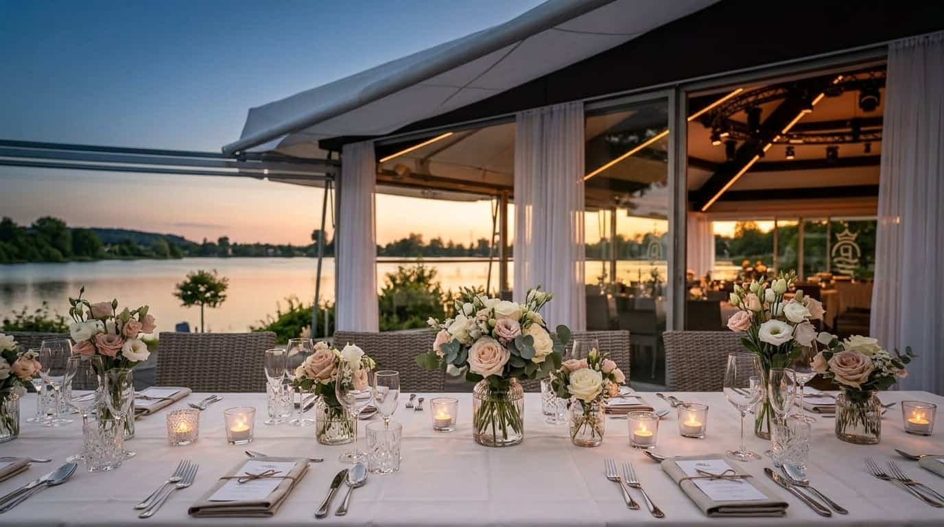 Romantische Sommerhochzeits-Tischdekoration mit Blumen und Seeblick