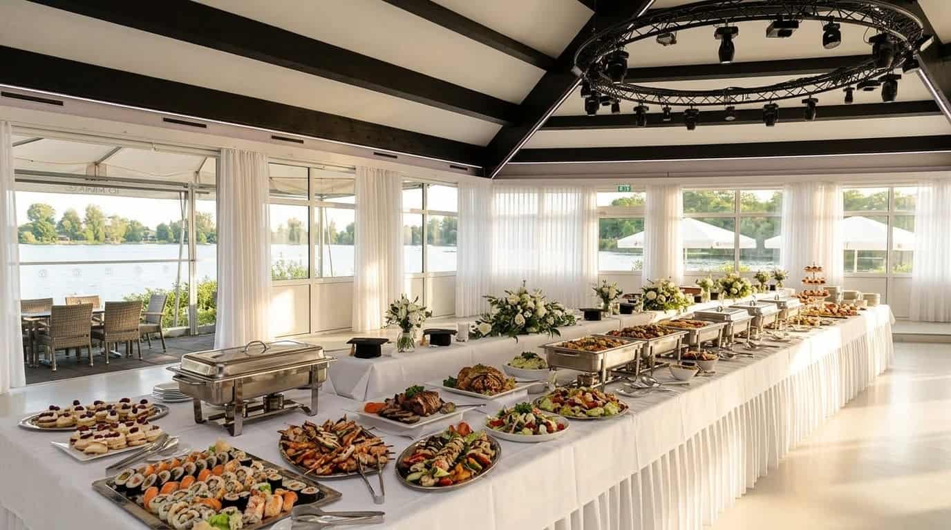 Elegantes Buffet mit internationaler Küche auf dekoriertem Tisch mit Seeblick