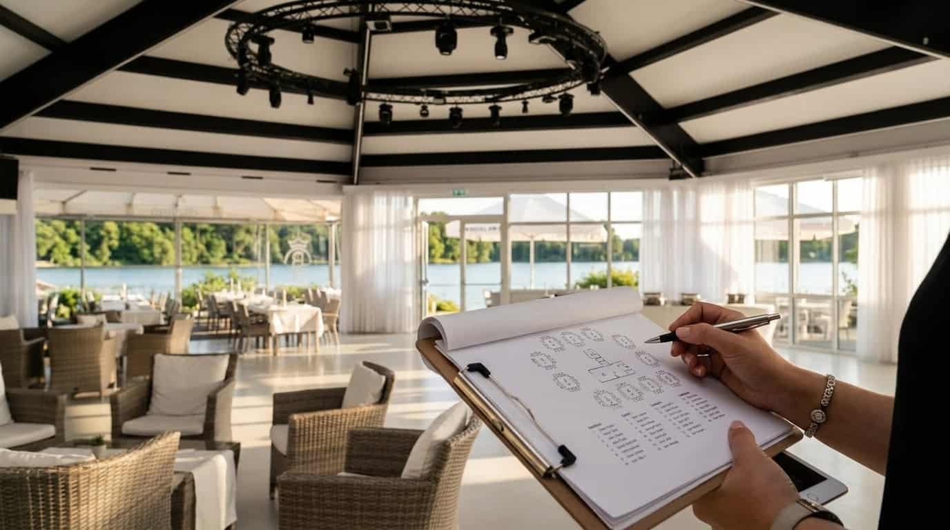 Eventplanerin prüft den Sitzplan mit Tischnummern