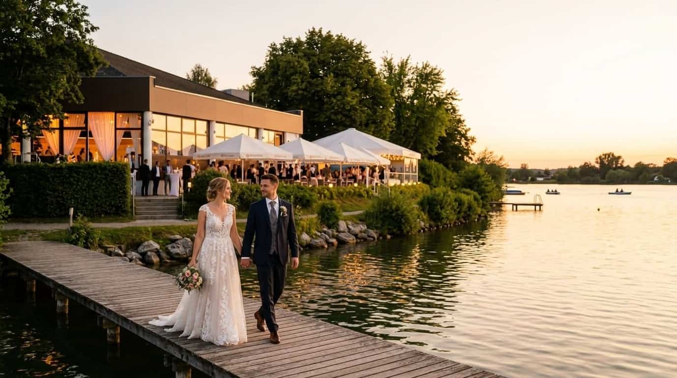 Brautpaar spaziert am Seesteg bei Sonnenuntergang