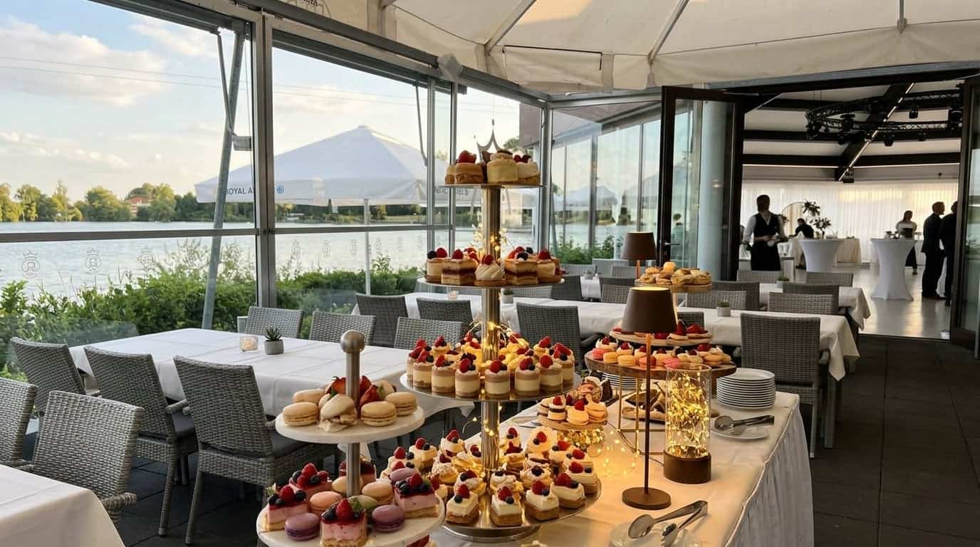 Elegantes Dessertbuffet mit Torten, Petit Fours und frischen Beeren bei Royal am See
