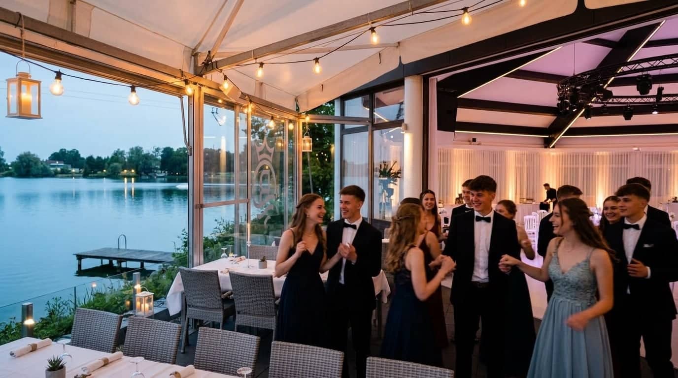 Junge Menschen in festlicher Kleidung tanzen auf der Seeterrasse unter Lichterketten