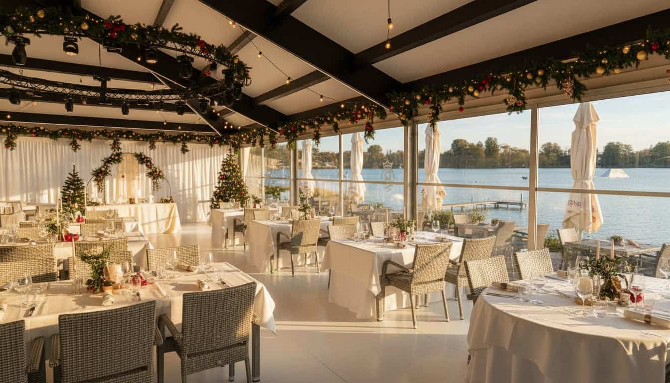 Festlich geschmückter Wintergarten am Friedberger Baggersee mit weihnachtlicher Dekoration und Seeblick