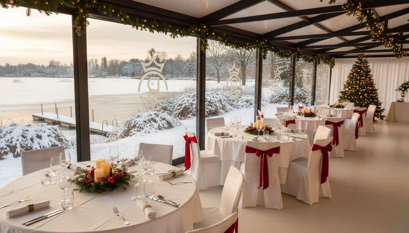 Weihnachtlich dekorierter Wintergarten mit Panoramablick auf den verschneiten Friedberger Baggersee