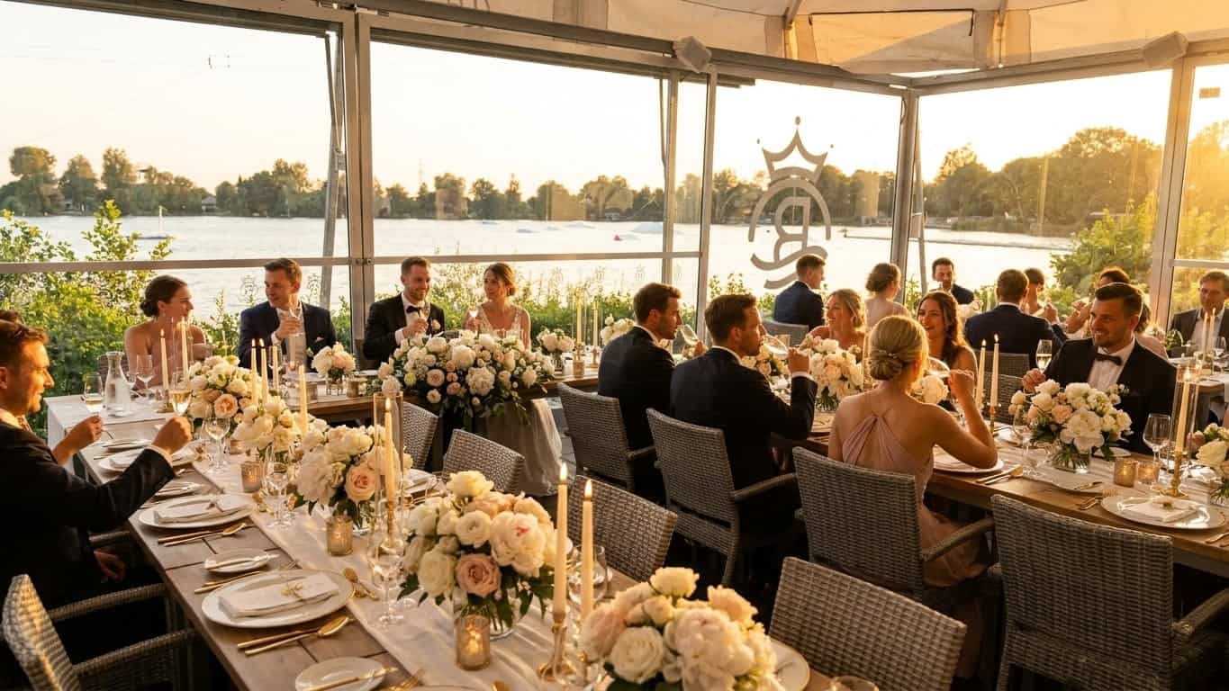 Elegante Outdoor-Hochzeitszeremonie auf der Seeterrasse bei Sonnenuntergang