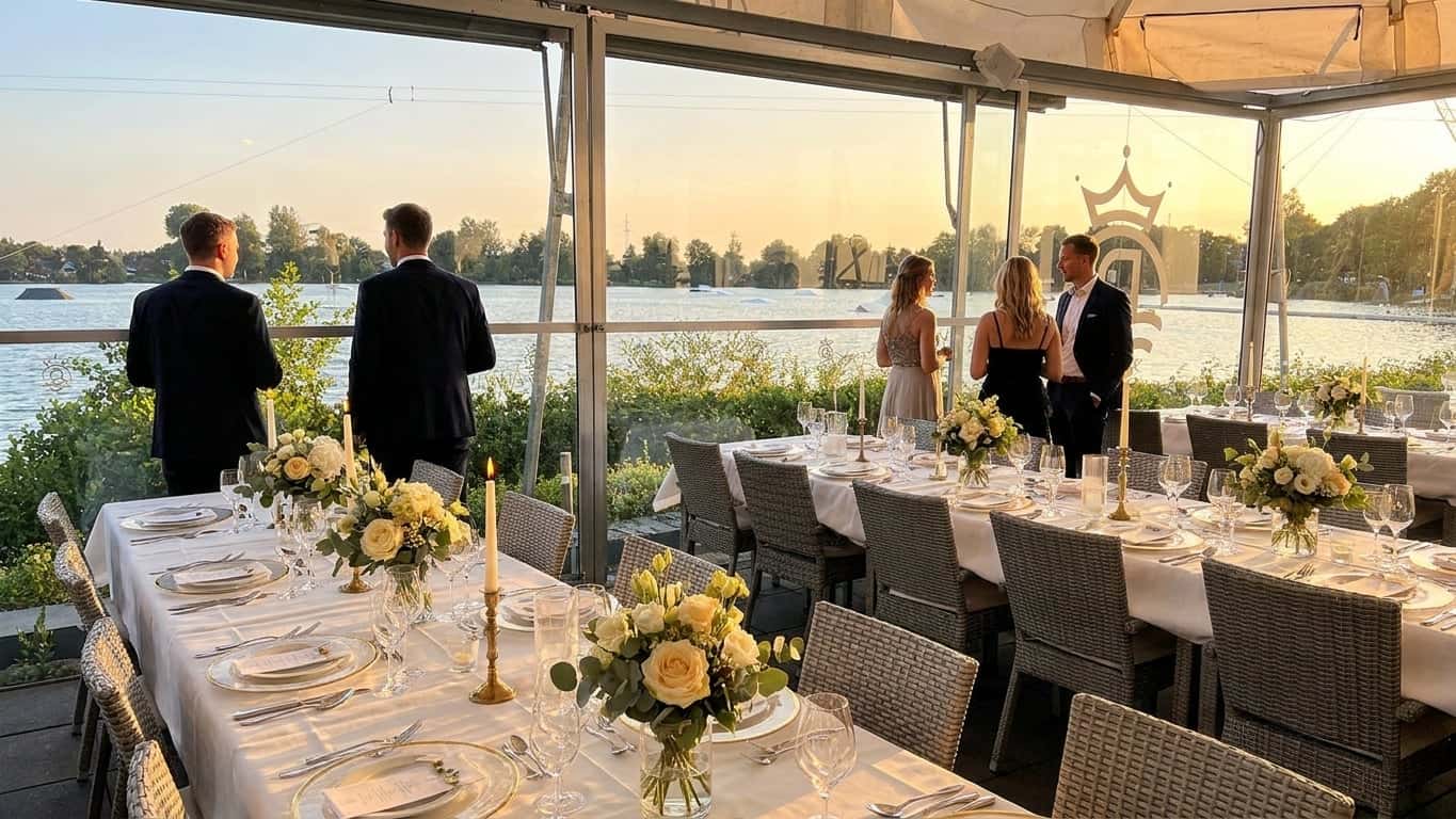 Besichtigung einer eleganten Eventlocation am See mit Panoramafenstern