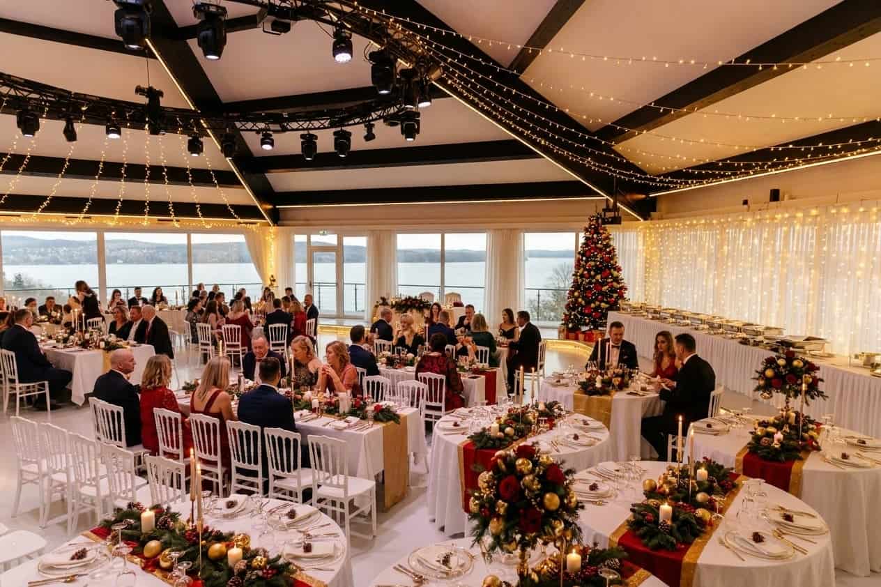 Elegante Weihnachtsfeier mit festlicher Tischdekoration und Seeblick bei Royal am See