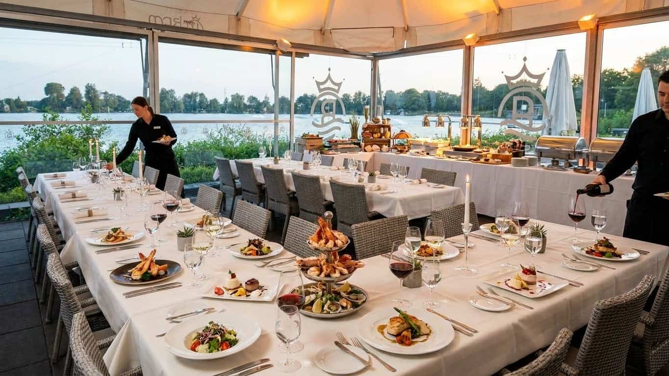 Elegantes Buffet bei einer Veranstaltung am See mit kunstvoll arrangierten Speisen
