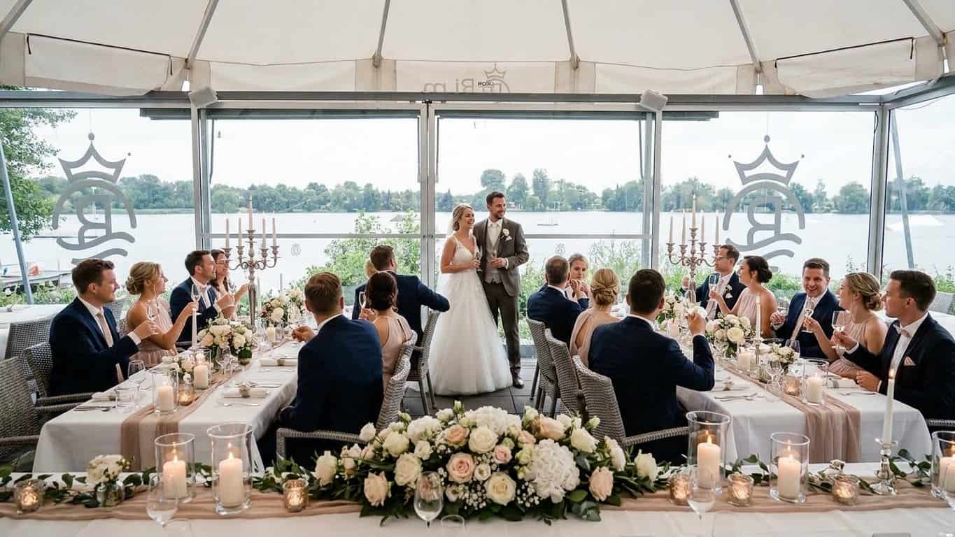 Brautpaar beim Sektempfang auf der Seeterrasse von Royal am See mit Panoramablick auf den Friedberger Baggersee