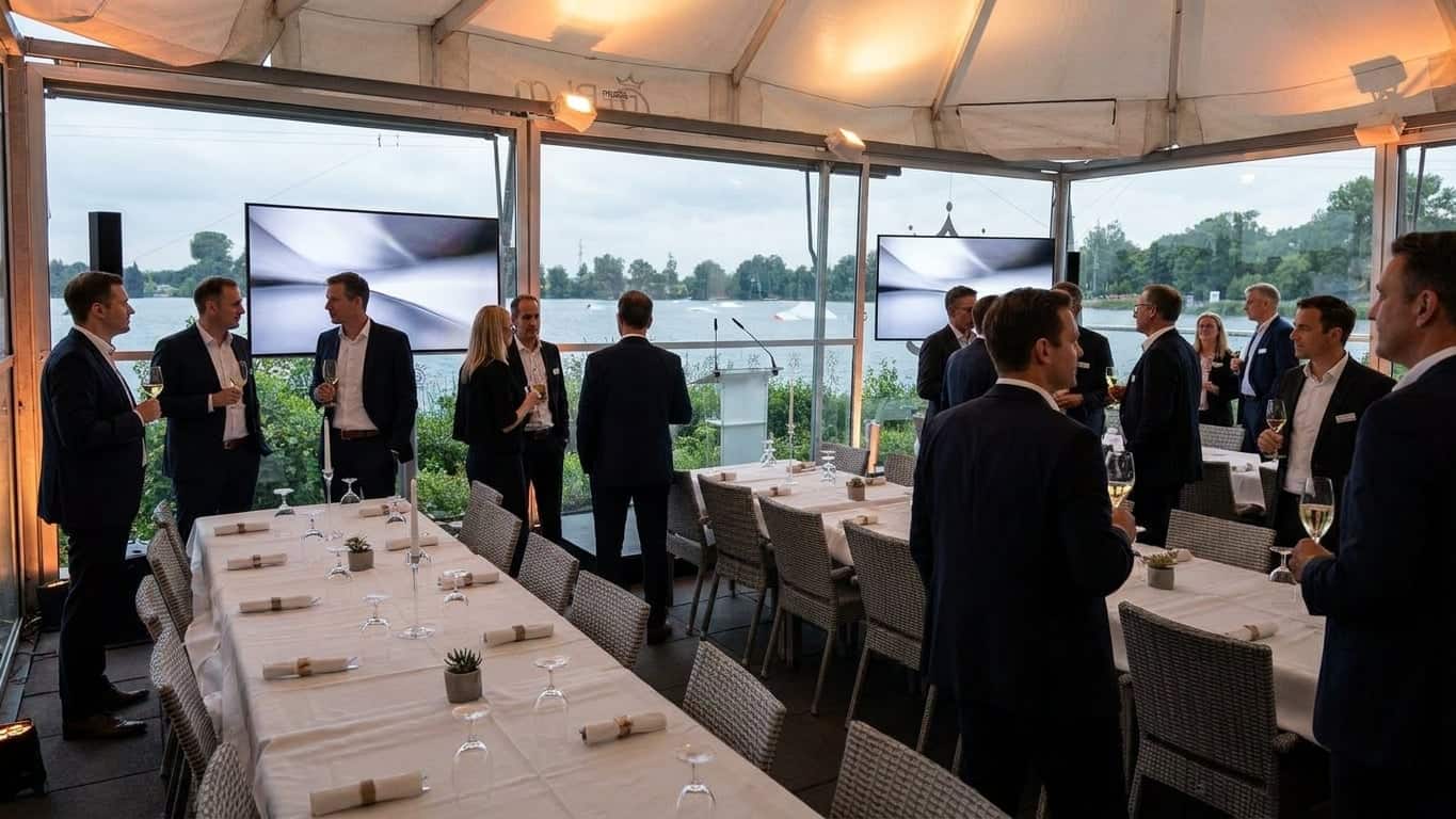 Ein Tisch mit orangefarbenen Servietten auf einer Terrasse mit Blick auf einen See.