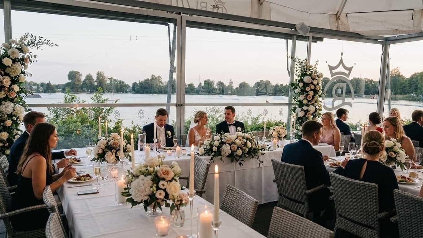 Die Seeterrasse von Royal am See mit Blick auf den Friedberger Baggersee – perfekt für Empfang und Outdoor-Zeremonie