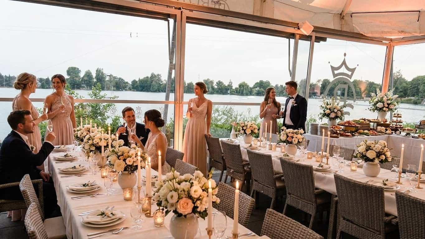 Schön arrangiertes BBQ-Buffet auf der Seeterrasse mit Sommerblumen