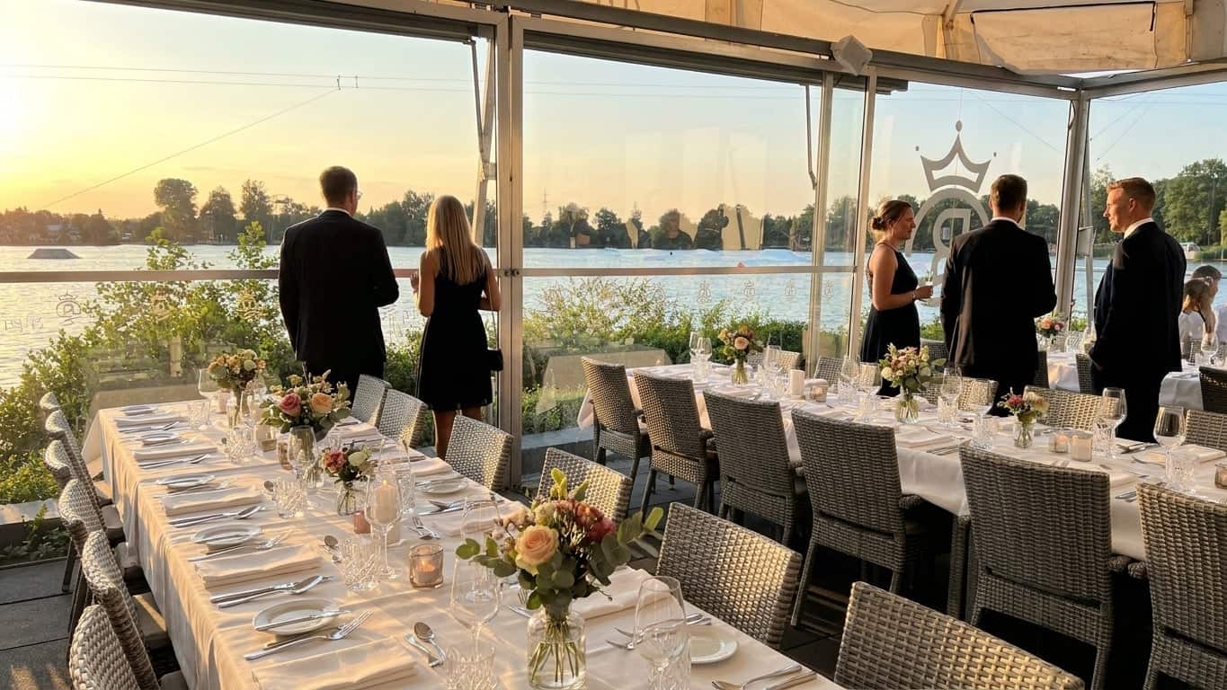 Seeterrasse mit Korbstuehlen und weissen Sonnenschirmen am Friedberger Baggersee