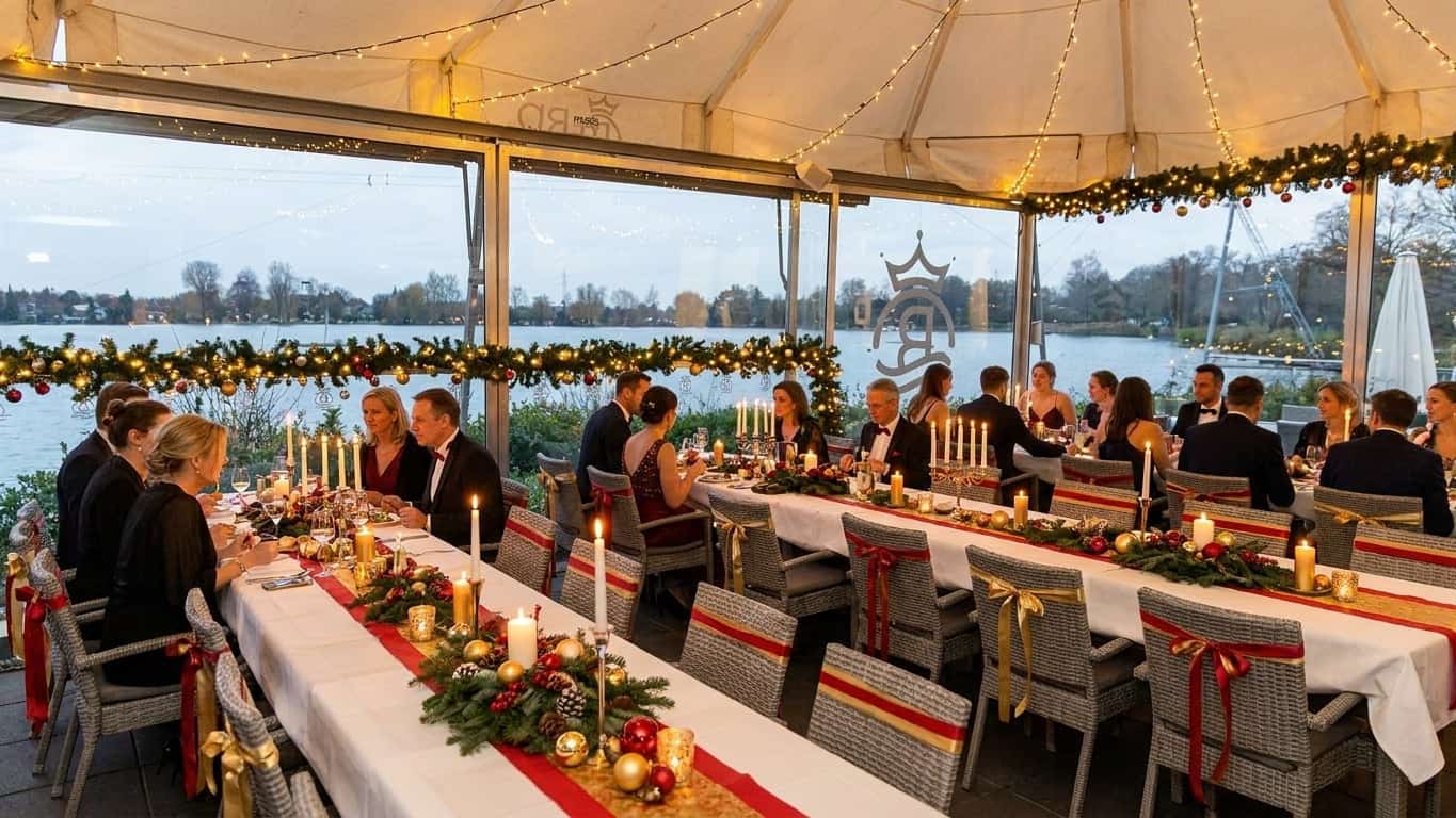 Team-Event auf der beleuchteten Seeterrasse mit winterlicher Dekoration